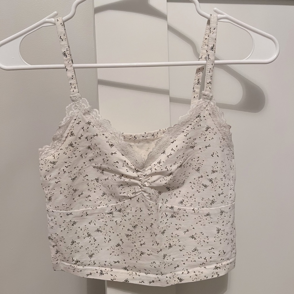 White Tank; Ditsy Top Hem; Cream flower print; Small